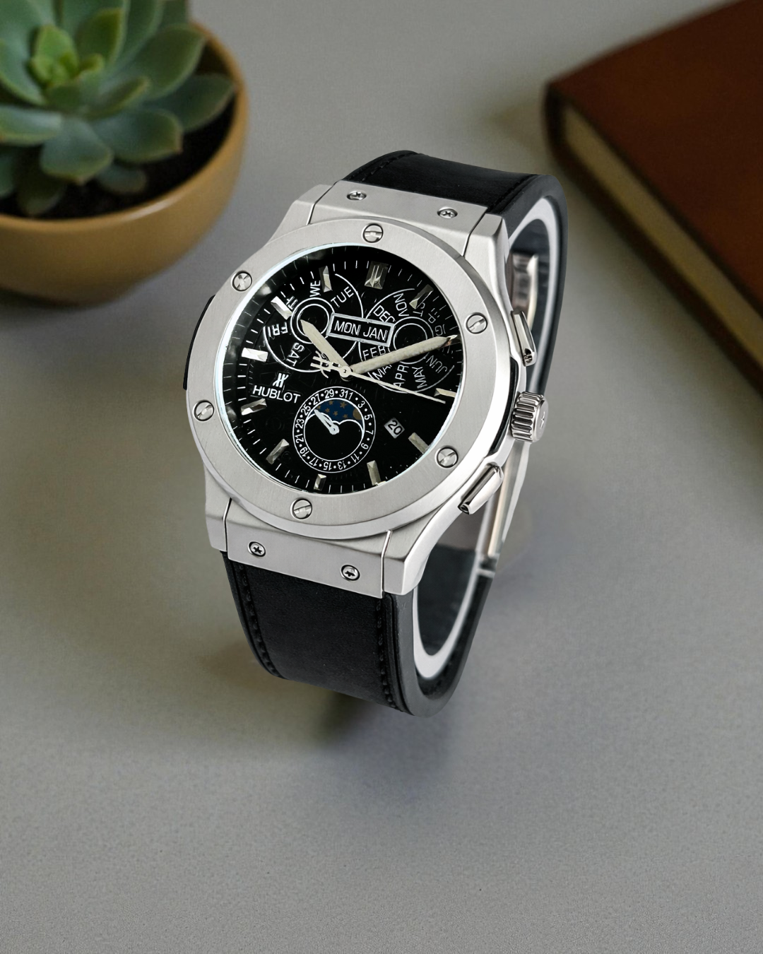 Hublot Classic Fusion Aerofusion MoonPhase Black Strap Silver Bezel Black Dial