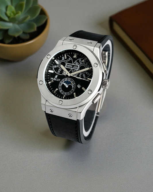 Hublot Classic Fusion Aerofusion MoonPhase Black Strap Silver Bezel Black Dial